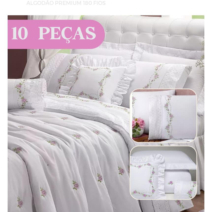 Kit 10 Peças Bouquet Cama Completo Cobre Leito + Jogo de Lençol Algodão Macio Casal Queen Enxoval Premium