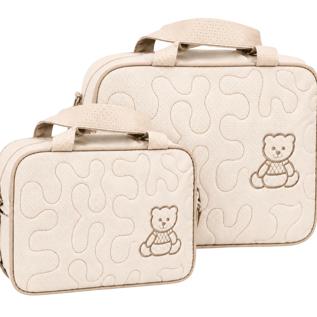 Bolsa Maternidade Unissex Neutro Kit 2 Peças Bege Bebê Ursinho Bordado Bolsa Bebê Mamãe Enxoval Luxo Mala Maternidade