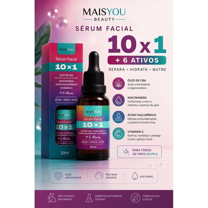 MaisYou Beauty Sérum Facial 10x1 com 6 Ativos Óleo de CBA Niacinamida Ácido Hialurônico Vitamina C 30ml