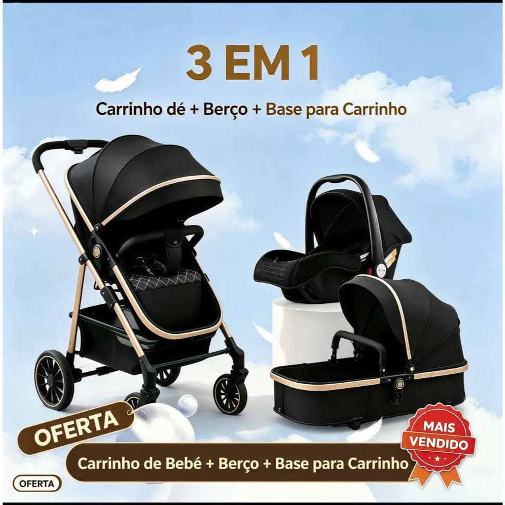 3-in-1 Premium Luxury Moses Basket Stroller + Complete Baby Comfort Reclining Wheels With Shock Absorber Safe Layette Ki