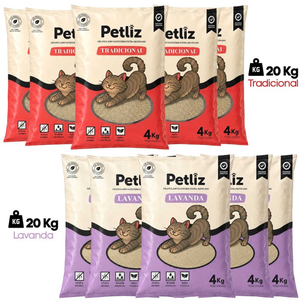Kit 5 Areia Sanitária Higiênica para Gatos Granulado Fino Médio Argila Tradicional ou Lavanda Petliz