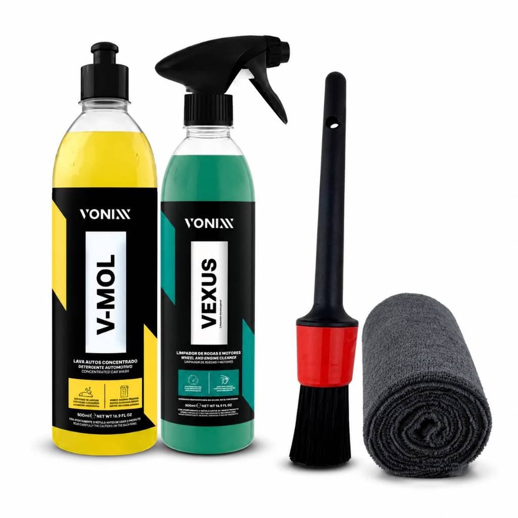 Kit Vonixx Vexus + V-mol Limpeza Pesada Carro Rodas Motor + Microfibra 40x40 + Pincel