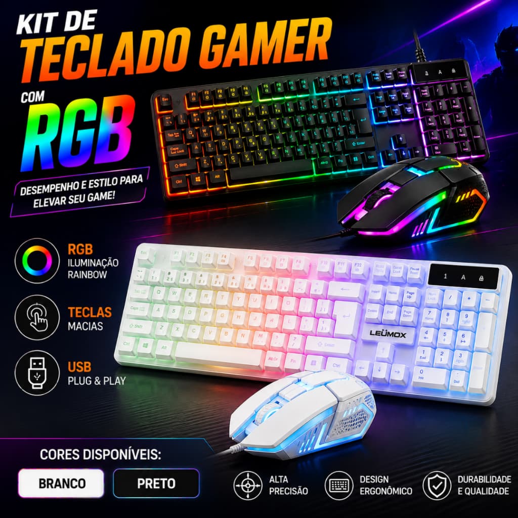Kit teclado mouse gamer semi mecanico  RGB usb jogos Pc preto e branco