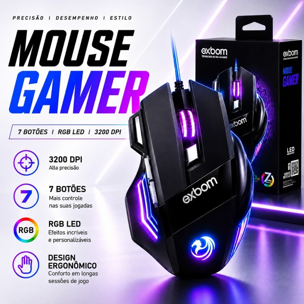 Mouse Gamer 3200 DPI LED RGB USB 7 Botões para PC Notebook