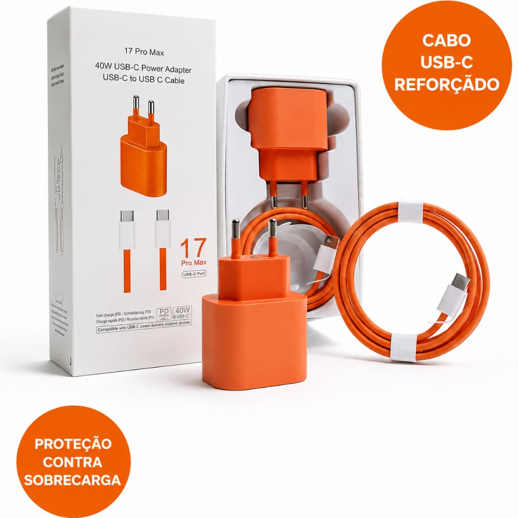 Carregador turbo Compivel Phone 17 16 15 Pro Max 40w Completo Fonte tipo C e Cabo Tipo C carregador rapido celular