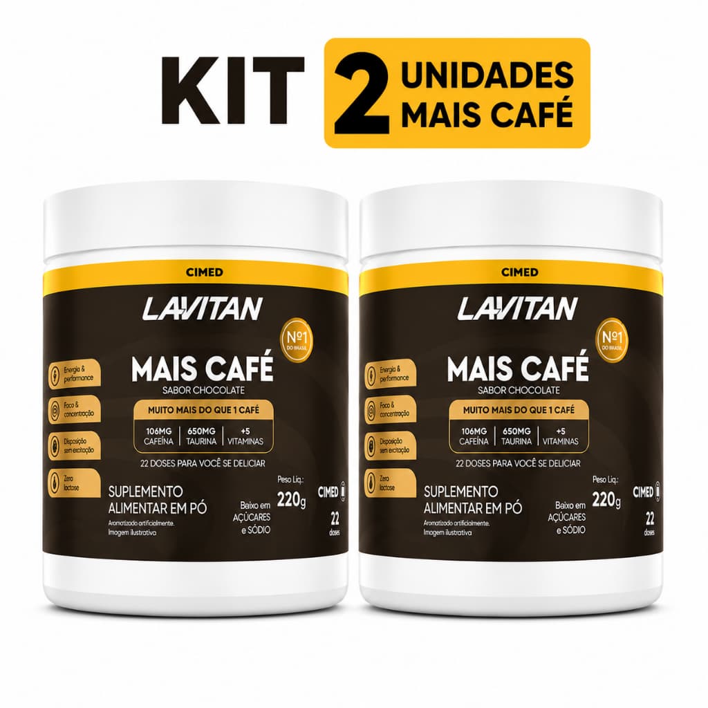 Kit 2 Lavitan Mais Café Sabor Chocolate 220g Cimed Suplemento em Pó Pré Treino Vitaminas Foco e Energia