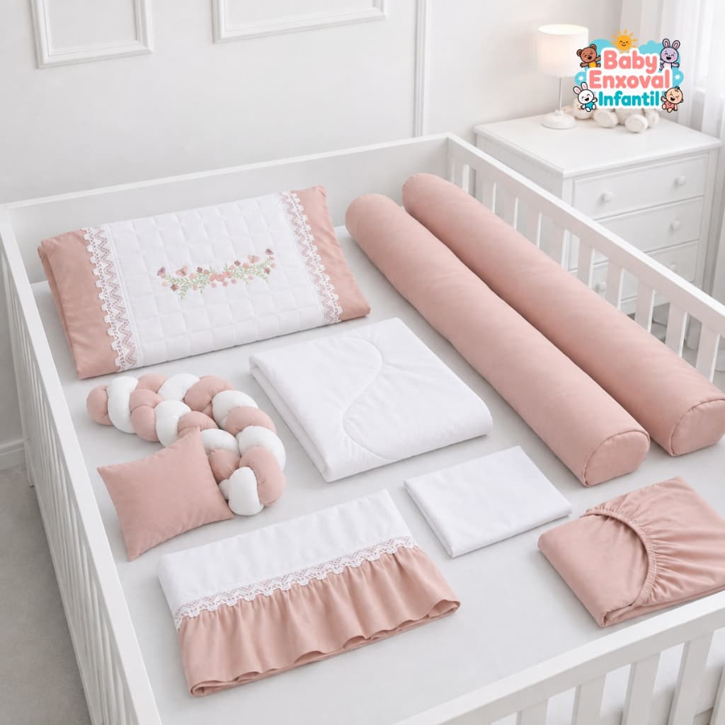 Kit Berço Americano Menina 9 Peças Linha Afeto Micropercal Trança Mosquiteiro Edredom Jogo de Lençol
