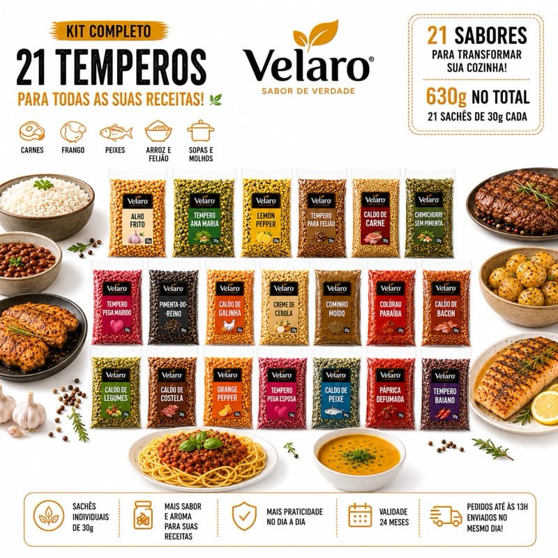 Kit com 21 Temperos 30g cada | Temperos Variados e Especiarias para Carnes, Churrasco, Feijão, Arroz e Receitas|Velaro