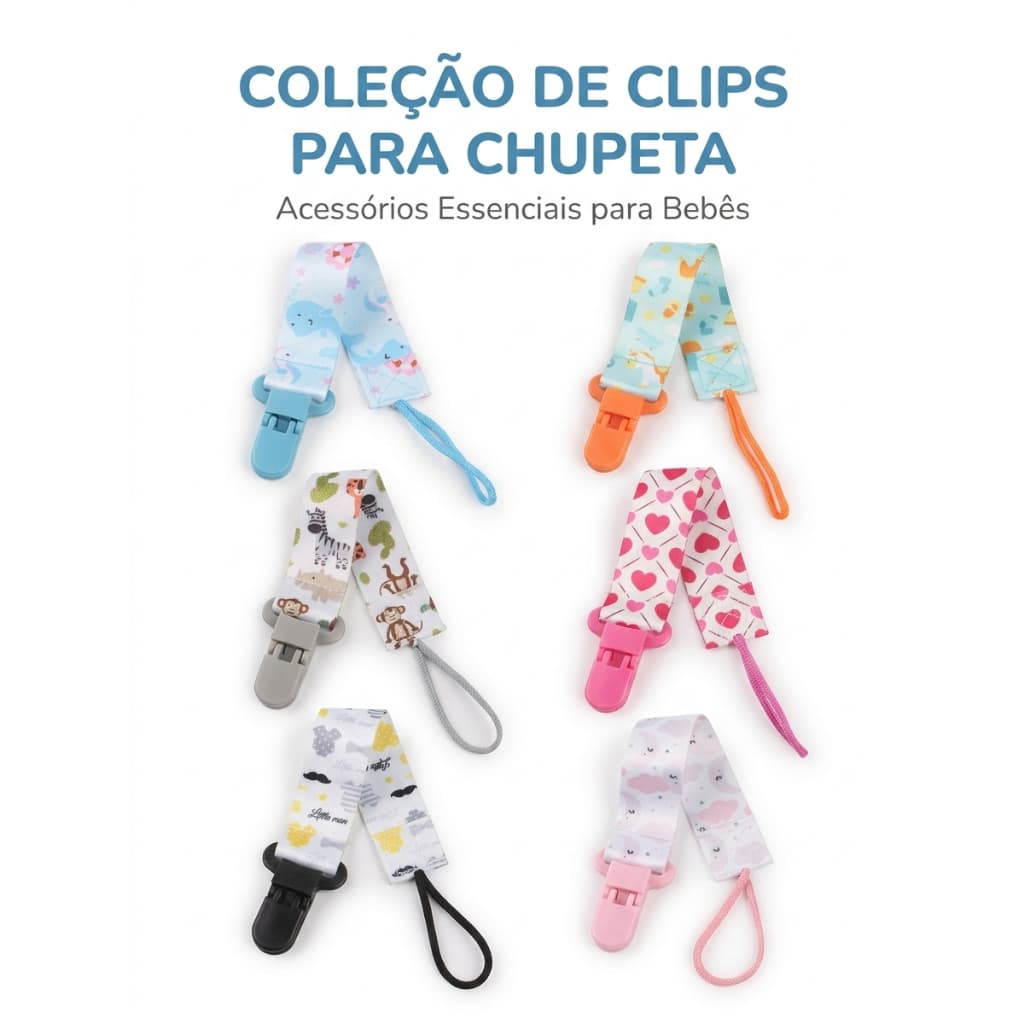 Prendedor de Chupeta para Bebê com Clip e Corrente Infantil Desenho Animado
