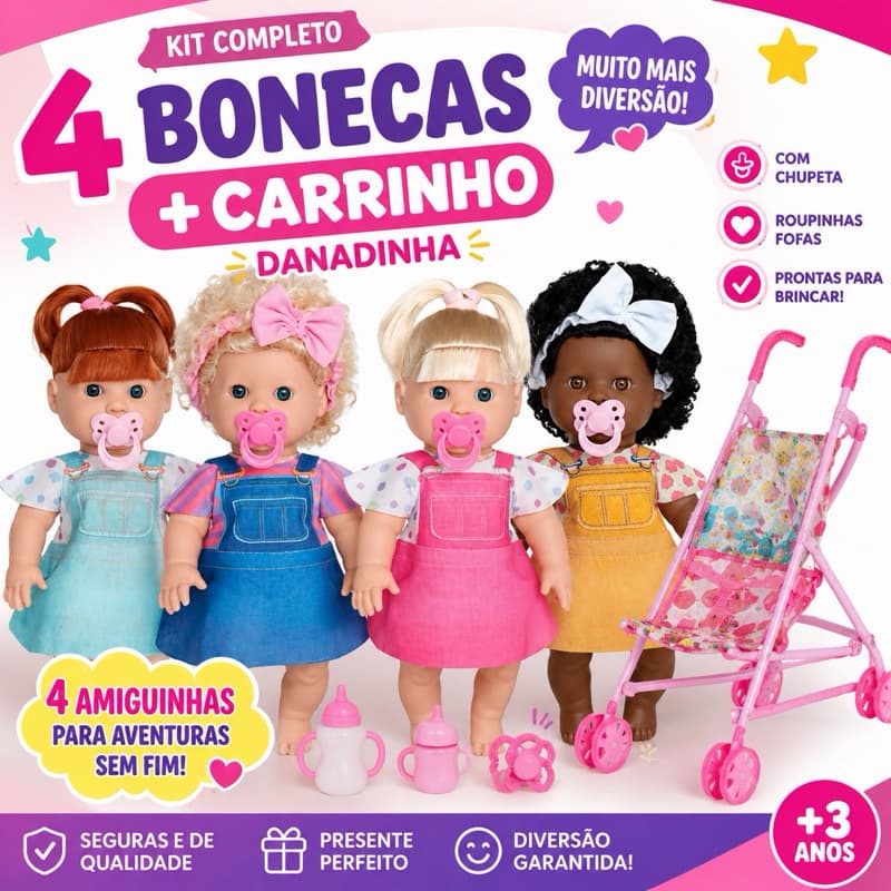 Boneca Com Chupeta Danadinha Loira Crespo Negra Ruiva BonecaMenina Infantil Milk Boneca Com Carrinho