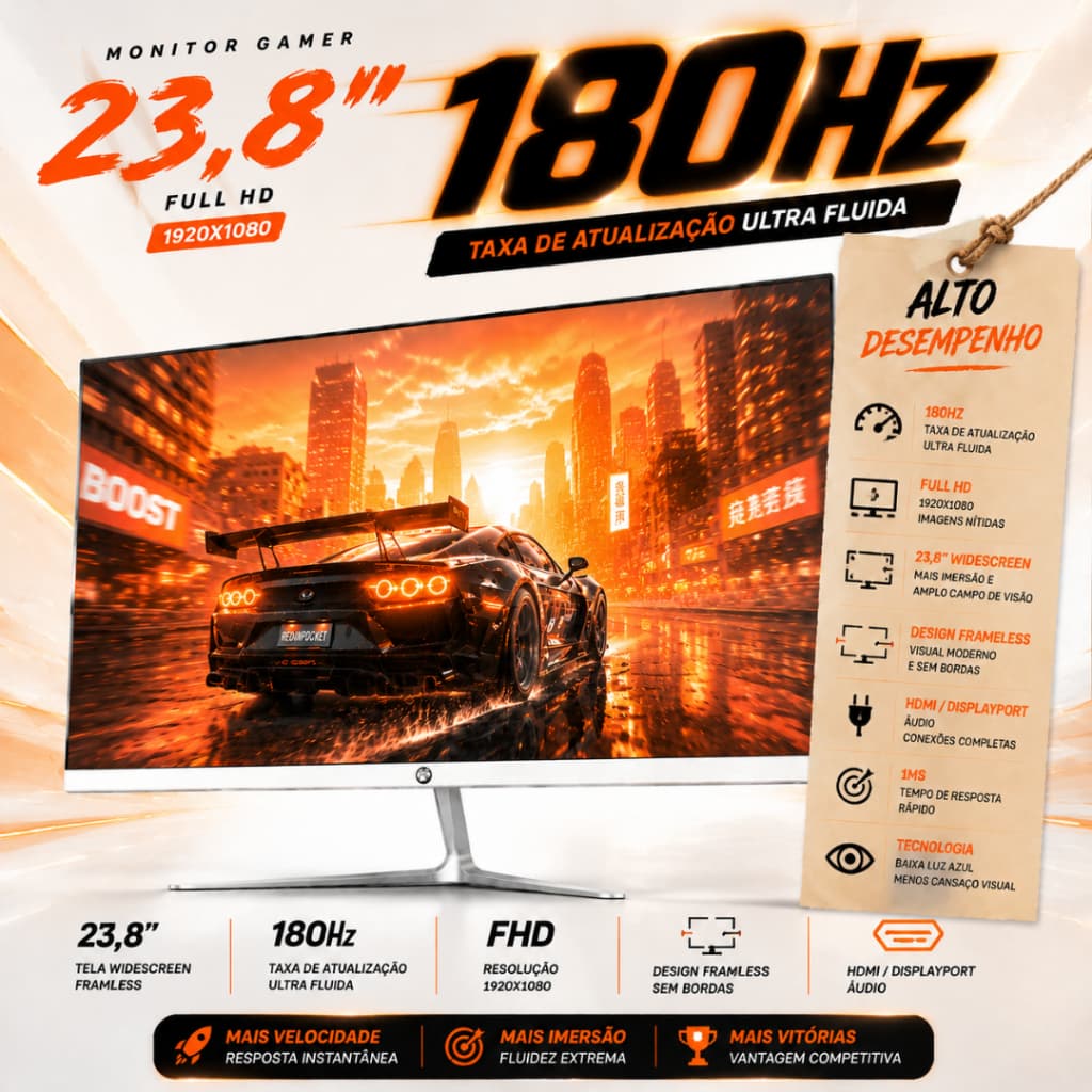 MONITOR GAMER 180HZ 23.8" FULL HD 1920X1080 FRAMELESS SEM BORDAS WIDESCREEN HDMI DISPLAYPORT BRANCO ALTO DESEMPENHO