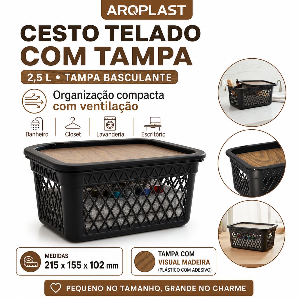 Cesto Telado com Tampa Visual Madeira 2,5L Organizador 21x15x10cm Banheiro Closet