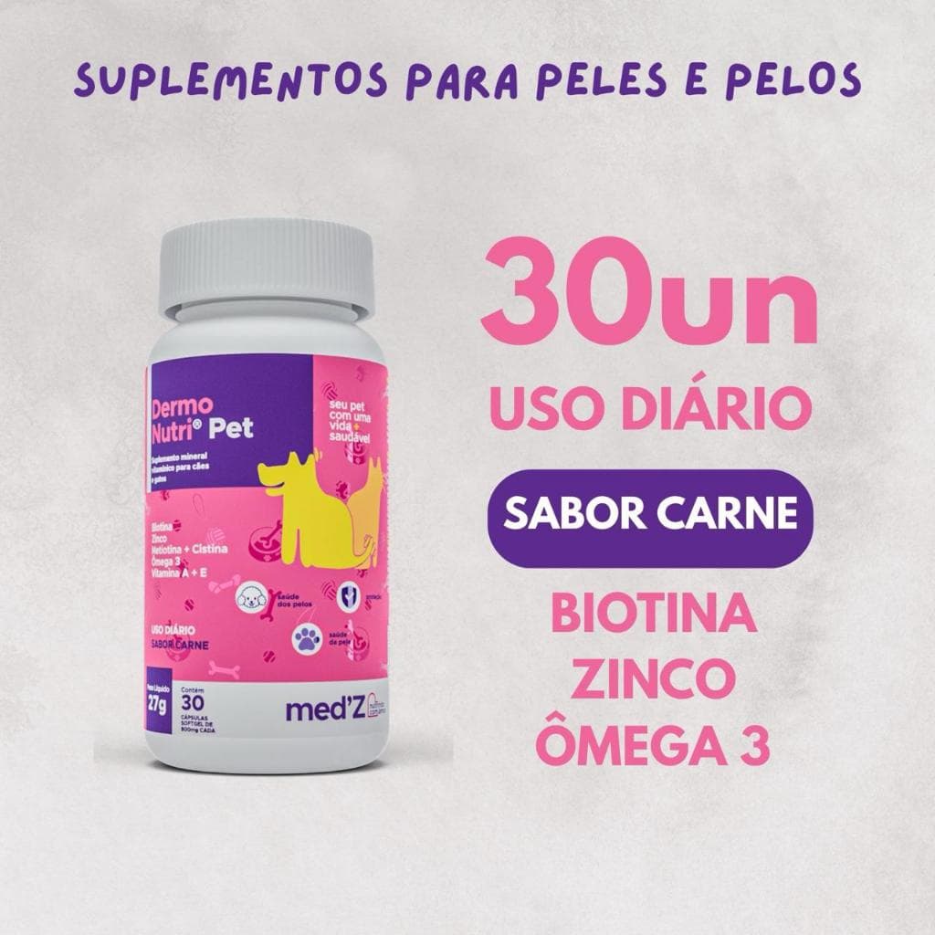 Suplemento Para Cachorro Anti Coceira 30 Cápsulas Com Biotina Zinco Metiotina e Cistina Omega 3 Vitamina A + E