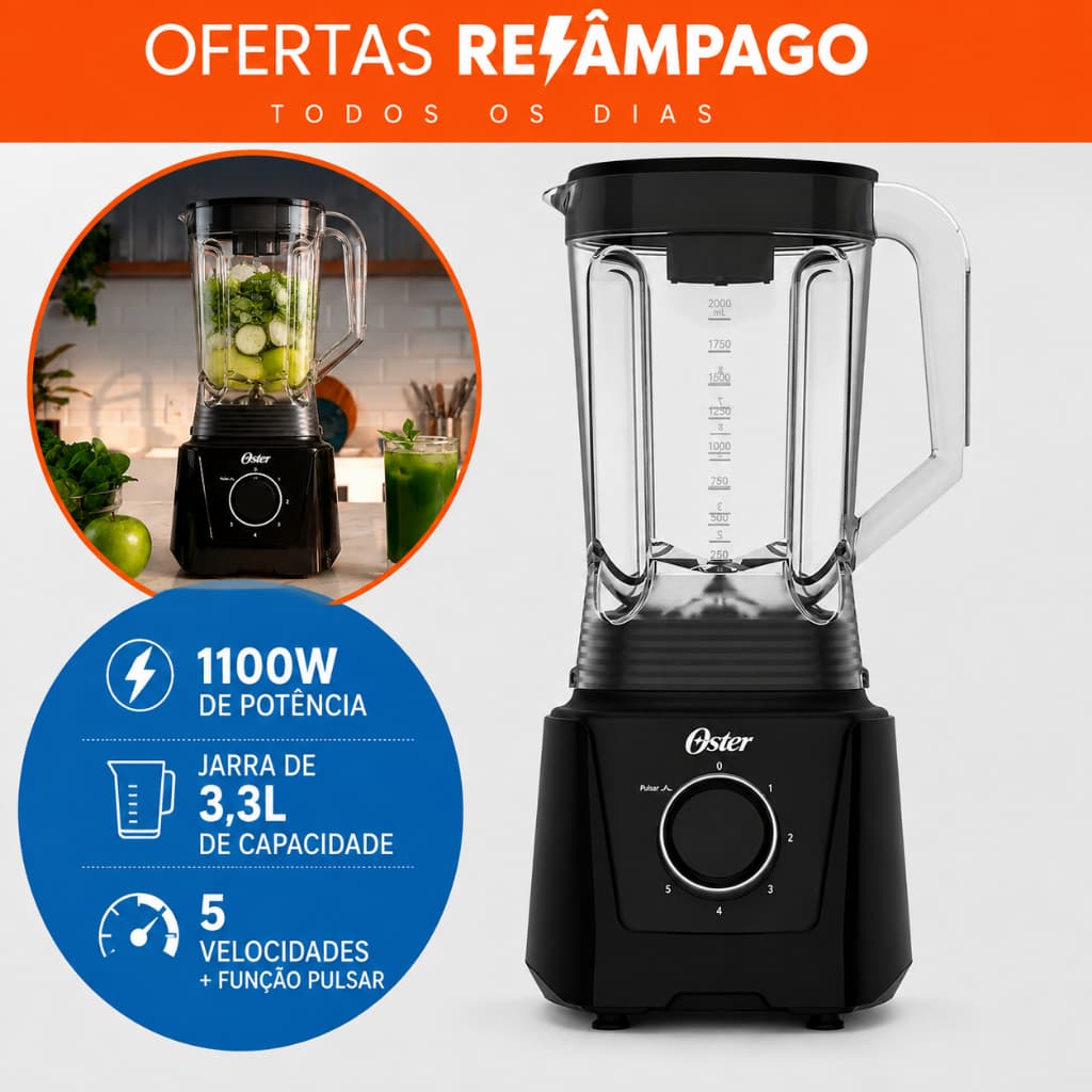 Liquidificador Oster 1100W Potente 3,3L | 5 Velocidades + Pulsar 127V