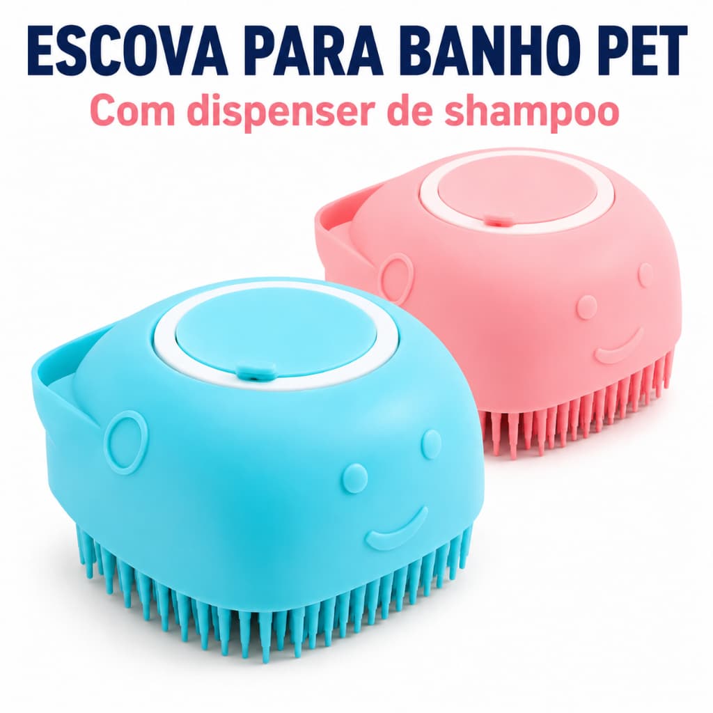 Escova para Banho Pet com Dispenser de Shampoo Massageadora de Silicone para Cães e Gatos