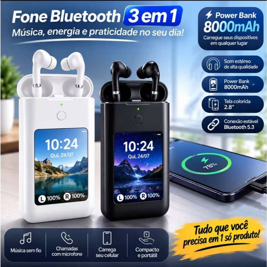 Fone de ouvido 3in1 Power BanK Com Tela 2.8 Polegadas Bluetooth  Com Muitas Funções 8000mah FON-8102