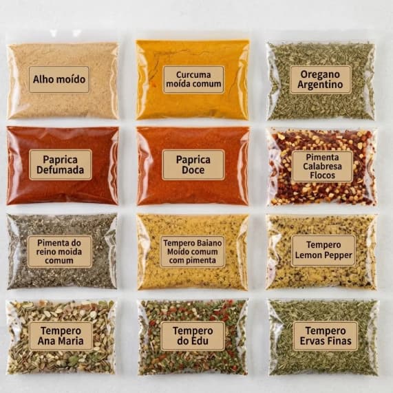 Kit 12 Temperos Naturais Condimentos Saquinho Ziplock 50g Completo Especiarias Variadas Cozinha Casa Atacado Econômico