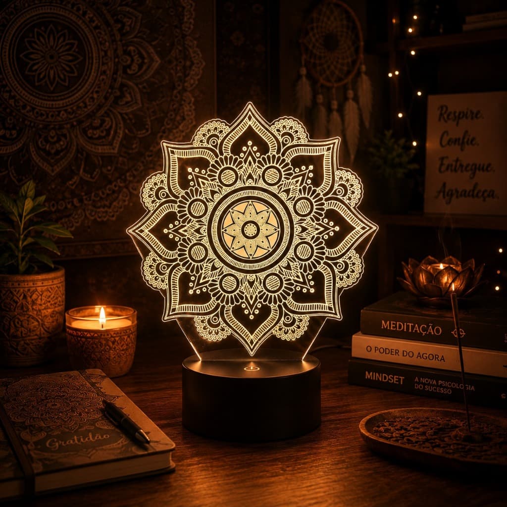 Luminária Led 3D Mandala Abajur Presente Criativo Decoração Multicores
