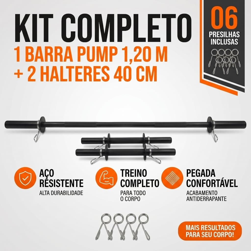 Kit Barra Treino  Body Pump Barra Reta 1,20m + Par Halteres 40cm com Presilhas Academia Musculação Fitness
