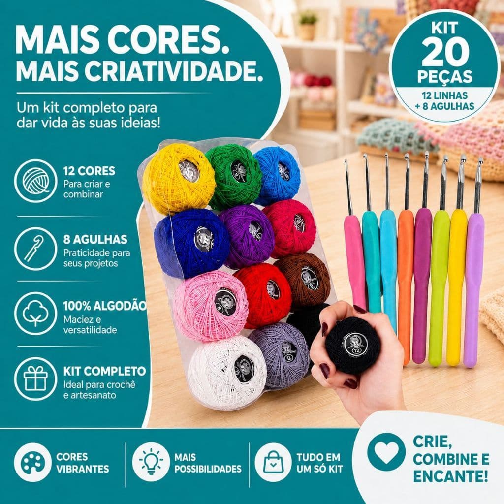 Kit Crochê Completo 12 Linhas Coloridas 100% Algodão + 8 Agulhas Ergonômicas Amigurumi Iniciante -SH
