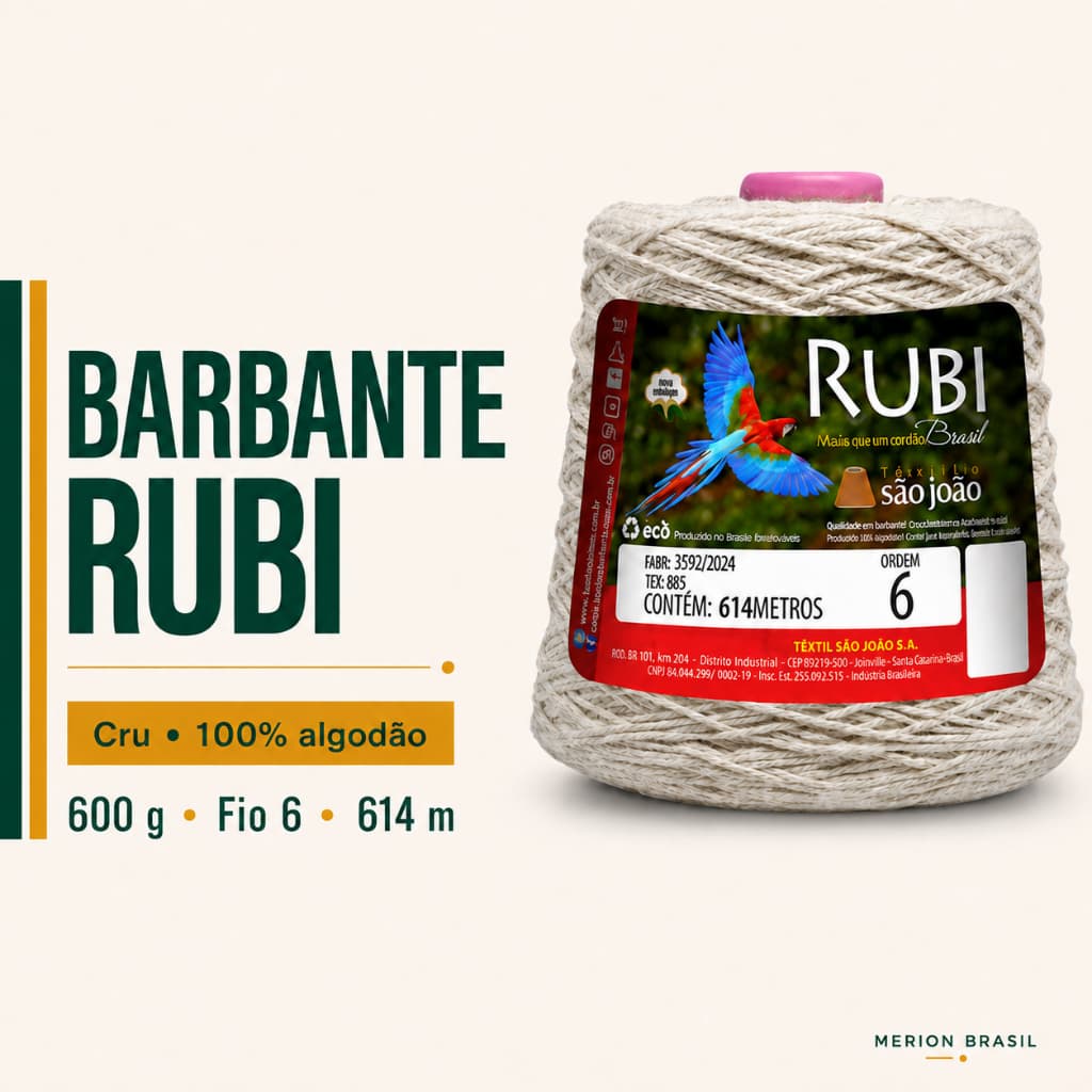 Barbante Rubi Cru 600g Fio Nº 6 614m 100% Algodão São João para Crochê Tapetes Sousplat e Artesanato