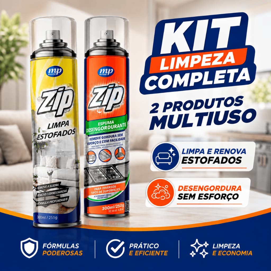 Kit Zip Limpa Estofados + Espuma Desengordurante Multiuso 300ml Limpeza Sofá Cozinha Casa e Carro