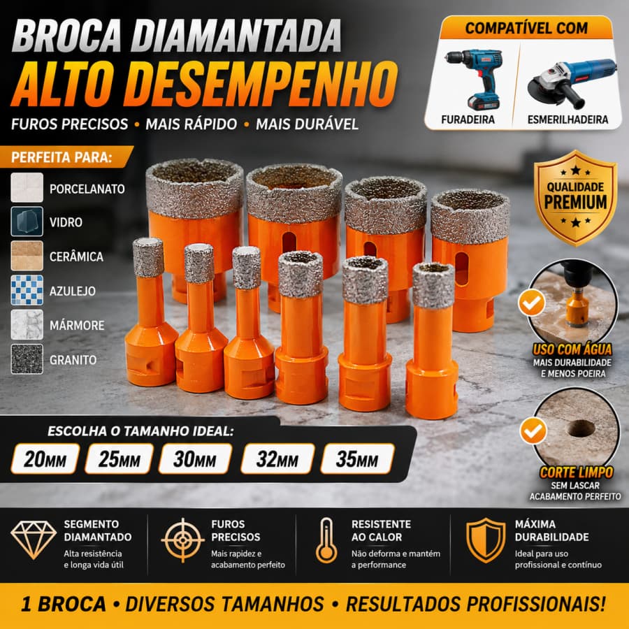 1 Broca Diamantada P/ Furadeira Esmerilhadeira 20mm 25mm 30mm 32mm 35mm Porcelanato Vidro Cerâmica
