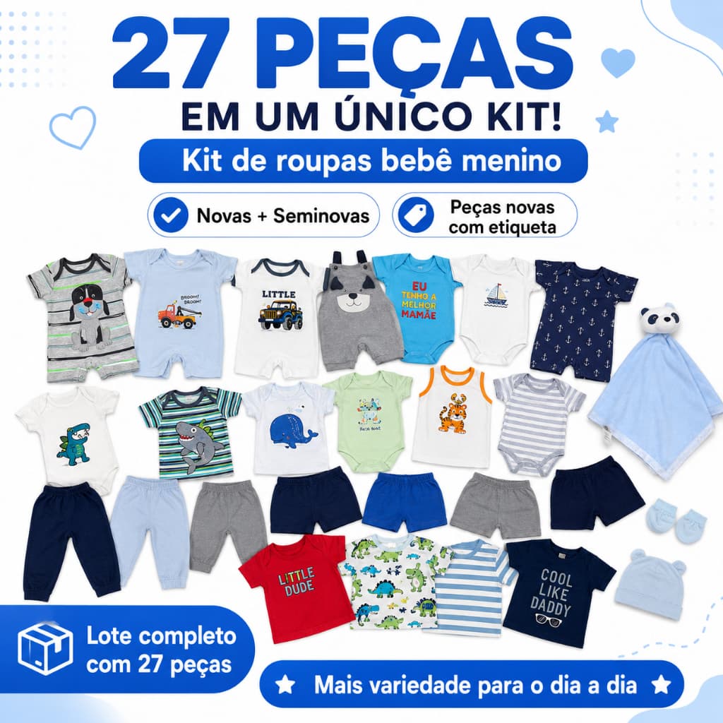 kit roupas bebê menino 27 peças, kit enxoval bebê menino 27 peças, lote roupas bebê menino novas e seminovas