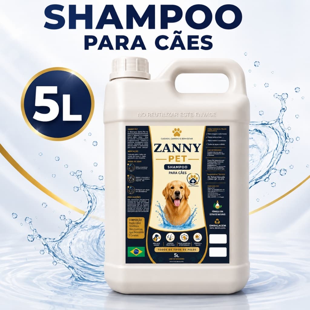 Shampoo para Cachorro Zanny Pet 5 Litros Cães Todos os Tipos de Pelos Maciez e Brilho