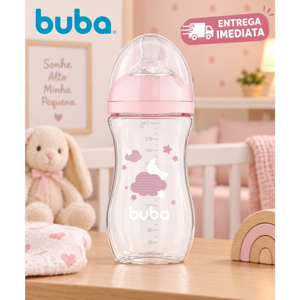 BUBA Mamadeira Easy Flow nuvem rosa BUBA 330ml Anticólica - Evita gases - ideal para seu bebe - qualidade BUBA