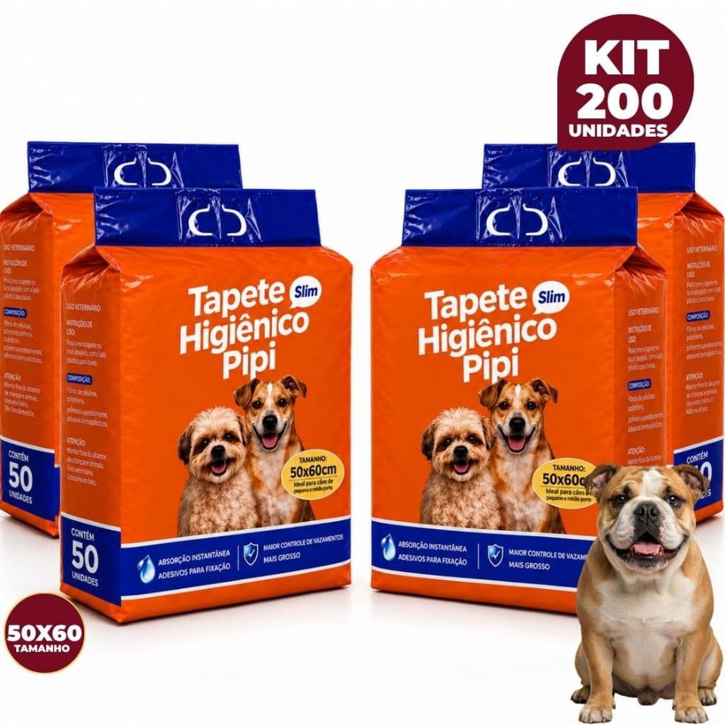 Kit 200 Tapetes Higiênicos Slim Fralda Descartável Absorvente para Cachorro Adulto e Filhote 50x60 cm