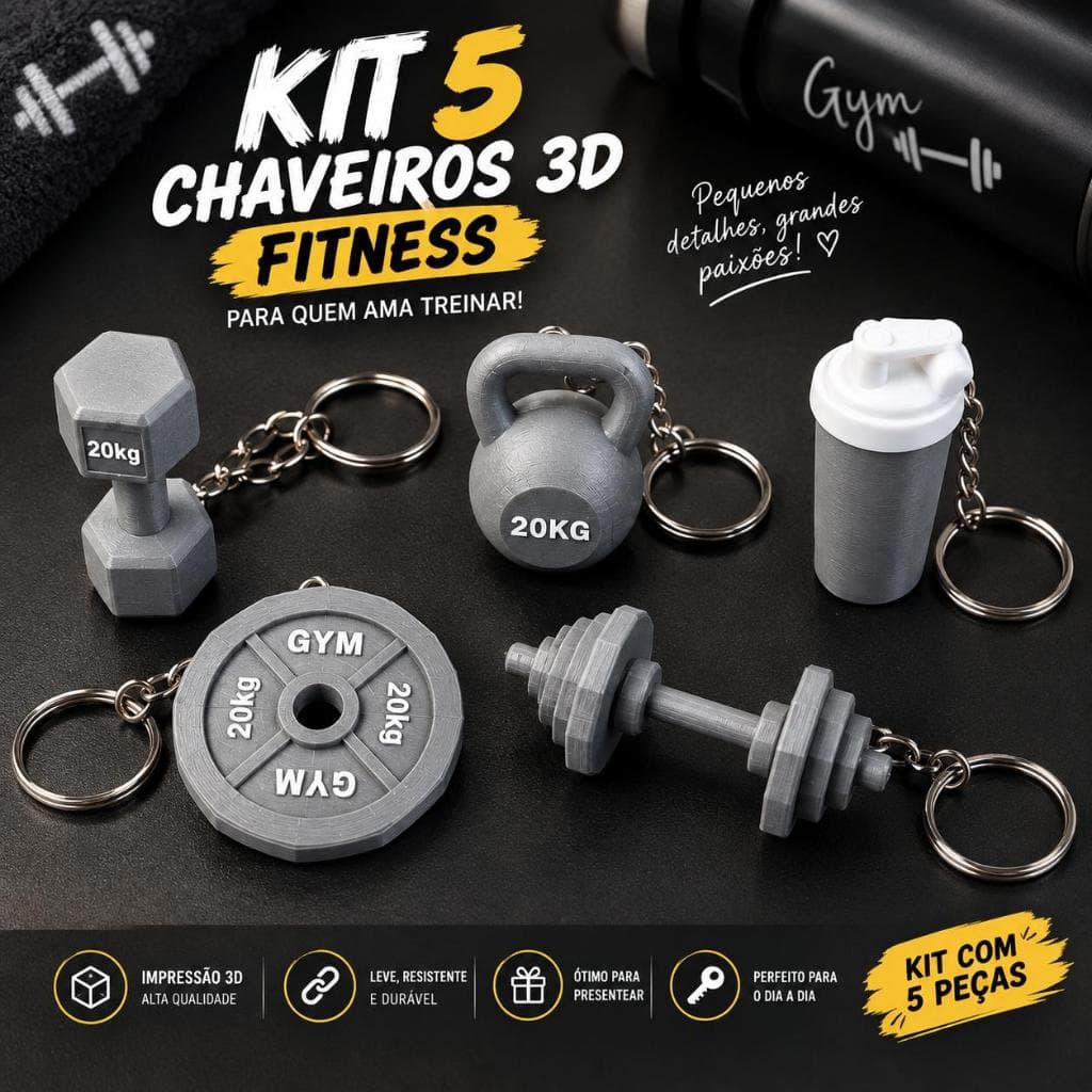 Kit 5 Chaveiros 3D Academia Fitness Halter Kettlebell Anilha Barra