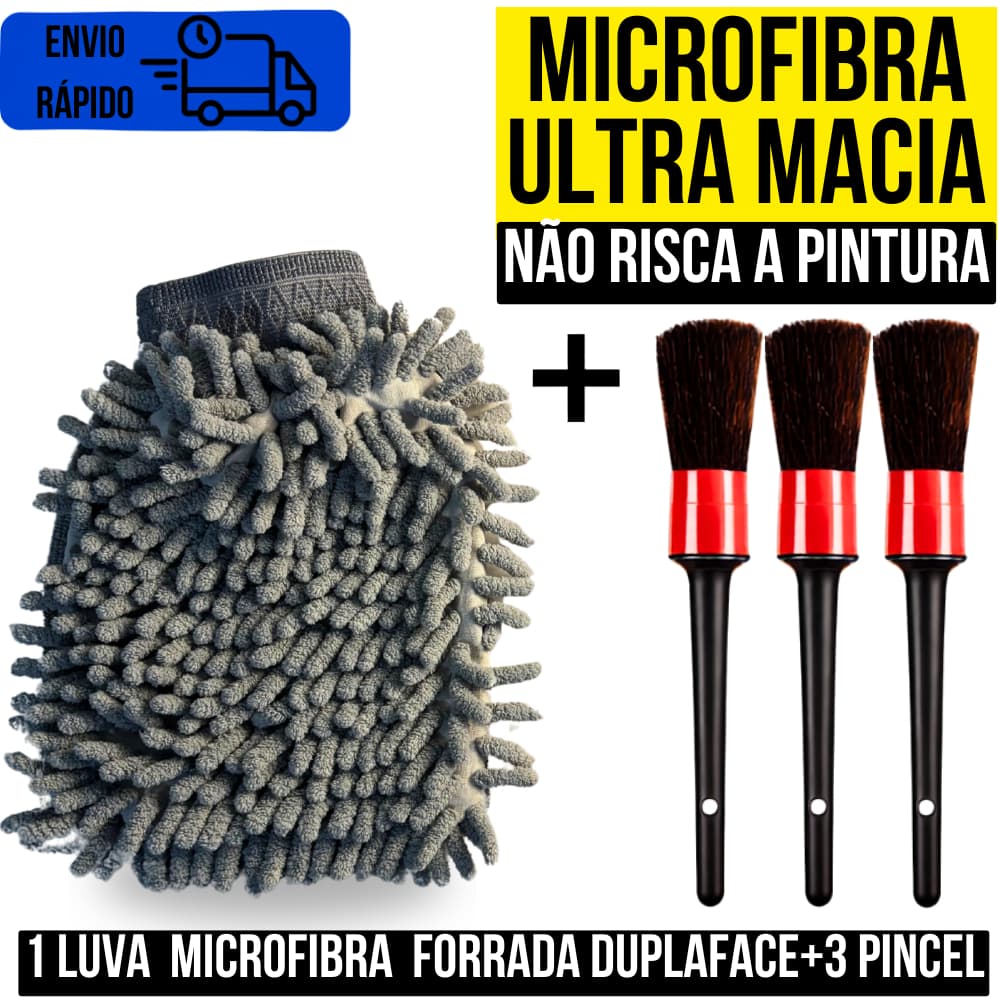 Kit Luva Grande De Microfibra DuplaFace Cedas Longas Para Limpeza e Acabamento Não Risca A Pintura Do Carro 3 Pincéis