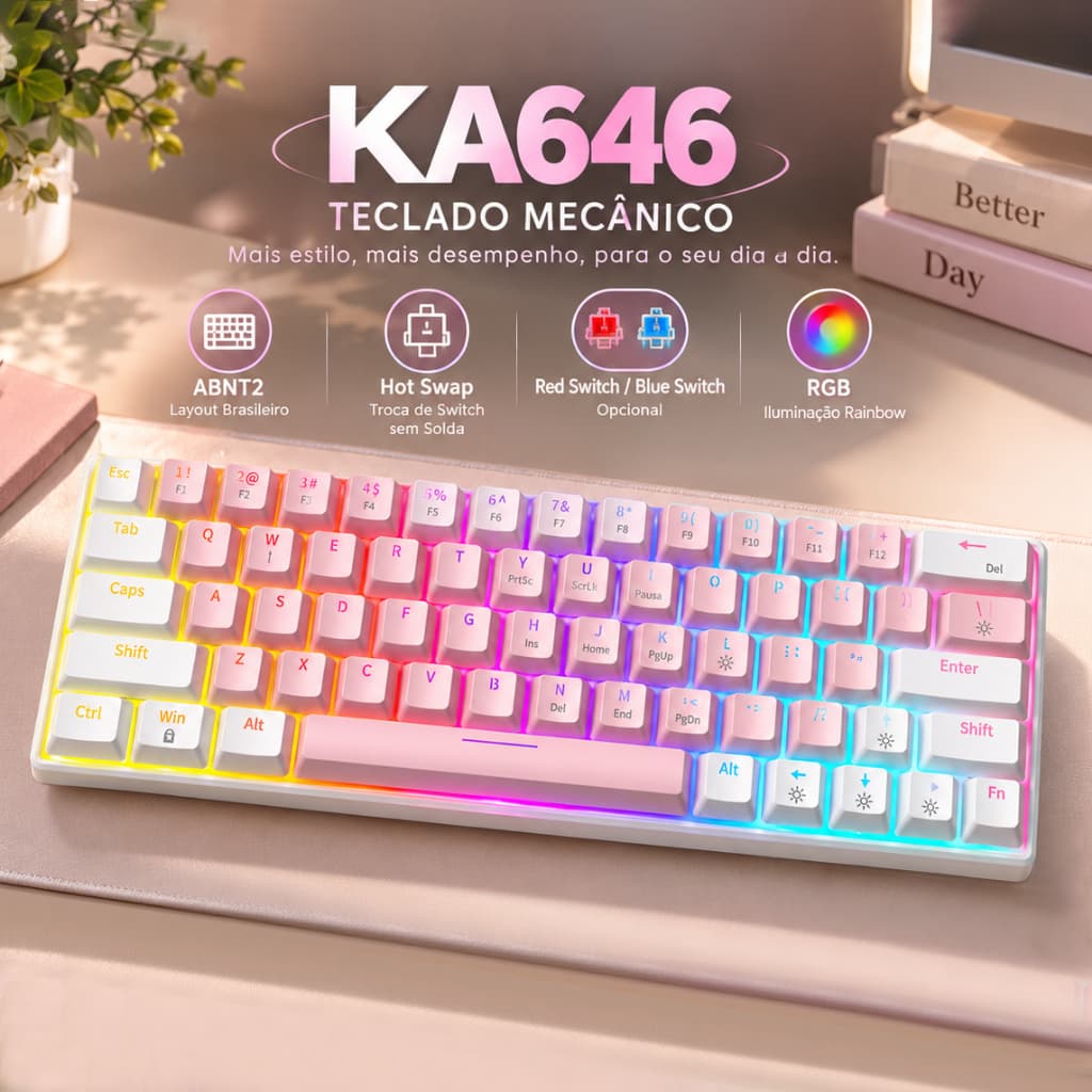 ZIFRIEND KA646 Teclado Mecânico Gamer 60% USB Com Fio ABNT2 Switch Azul e Vermelho Ergonômico Rosa