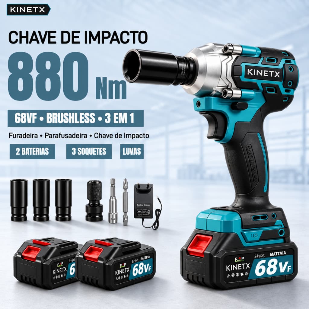 Kit Chave de Impacto KINETX 880Nm 68VF 3 em 1 Brushless 1/2" Furadeira Parafusadeira com 2 Baterias 3 Soquetes e Luvas
