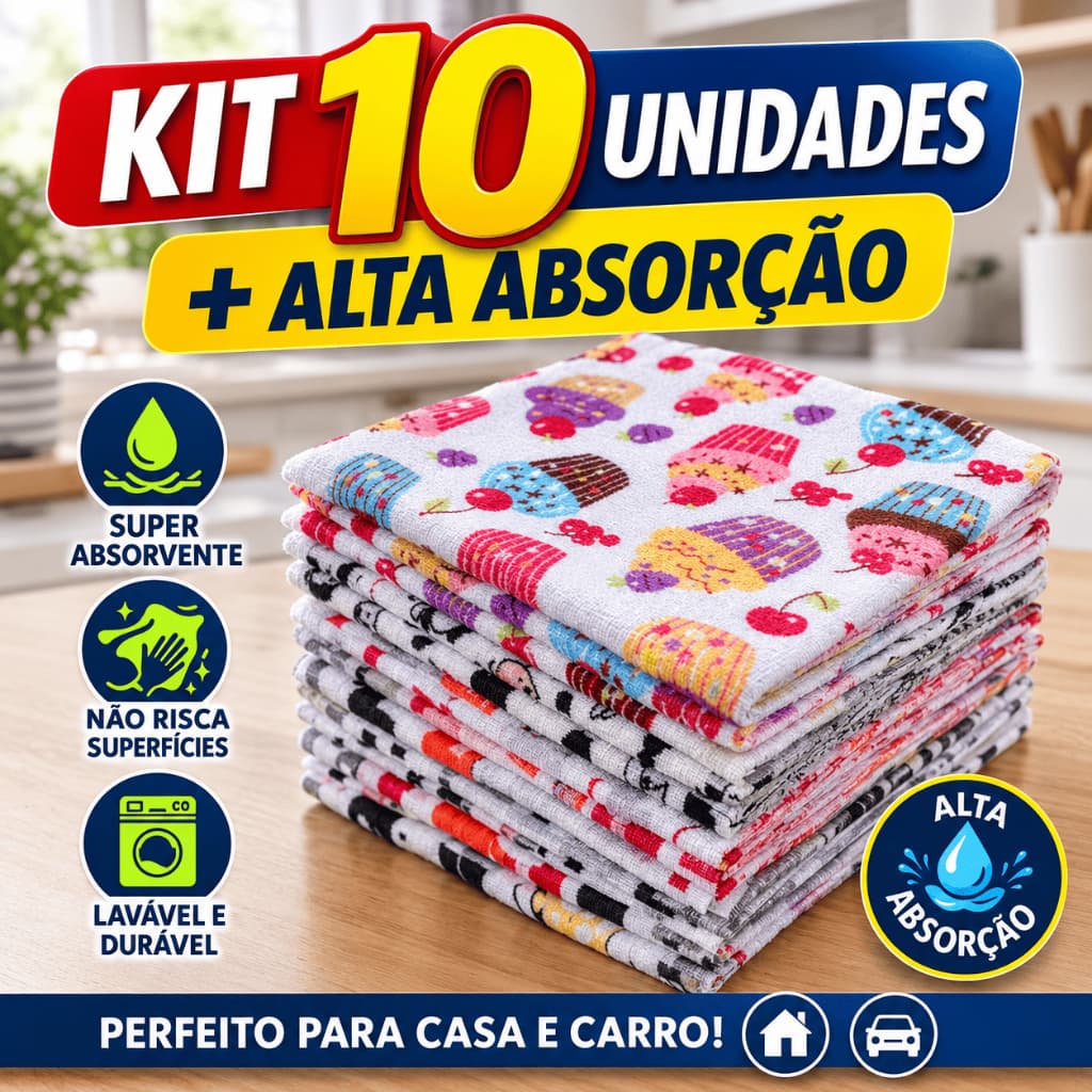 Kit 10 ou 05 Pano De Pia Para Limpeza Flanela Microfibra Multiuso Casa e Carro Alta Absorção