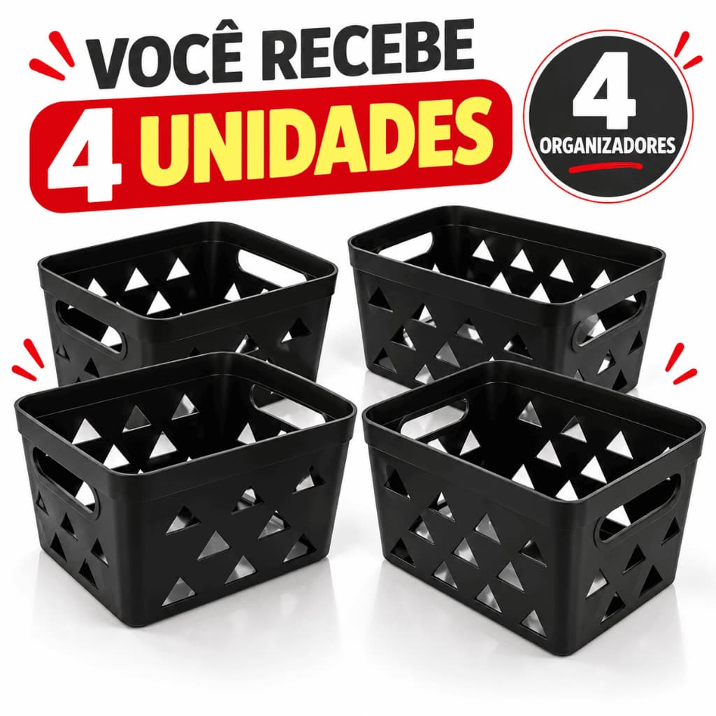 Kit 4 Organizadores Multiuso 1,8L Cesto Organizador Preto para Cozinha Banheiro e Casa