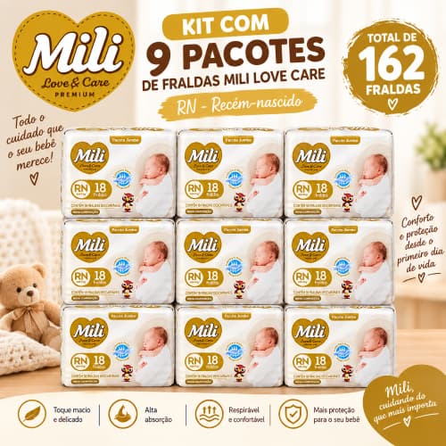 Kit Fralda Mili Love Care Rn Recém Nascido c/9 Pcts c/18 Total 162 fraldas