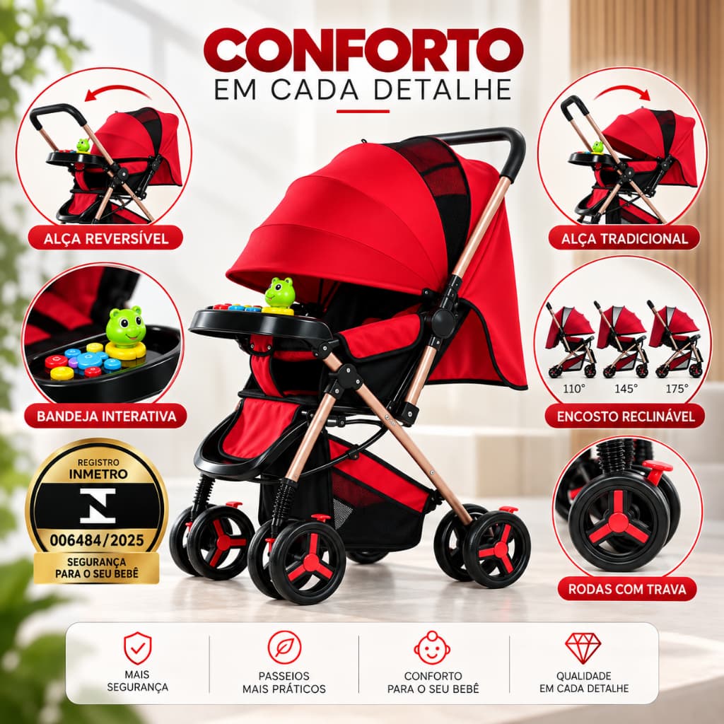 Carrinho de Bebê Passeio Reclinável Alça Reversível Dobrável Cinto 5 Pontos com Bandeja