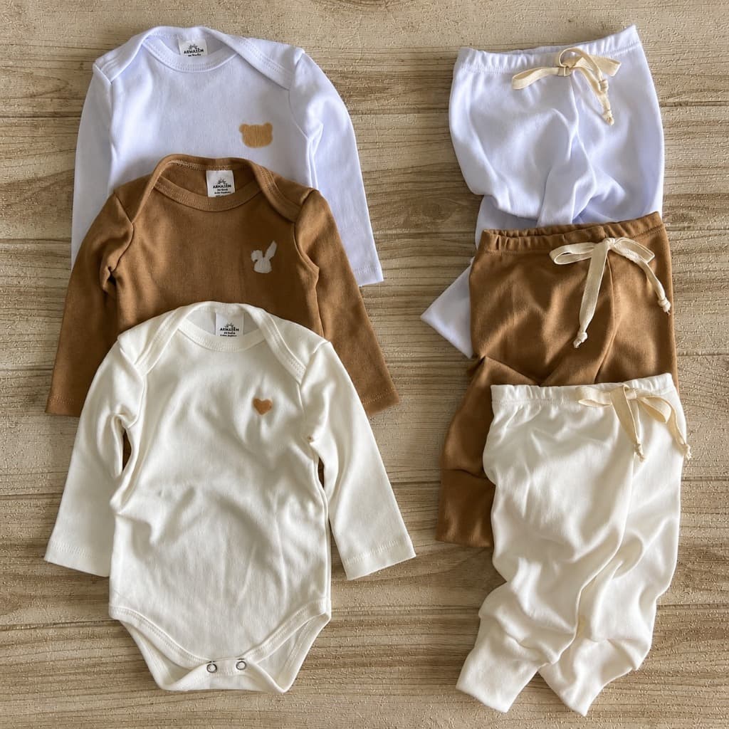 Kit  6 peças Body Manga Longa e Mijão 100% Algodão Kit  Enxoval Bebê Unisex Minimalista Recém Nascido