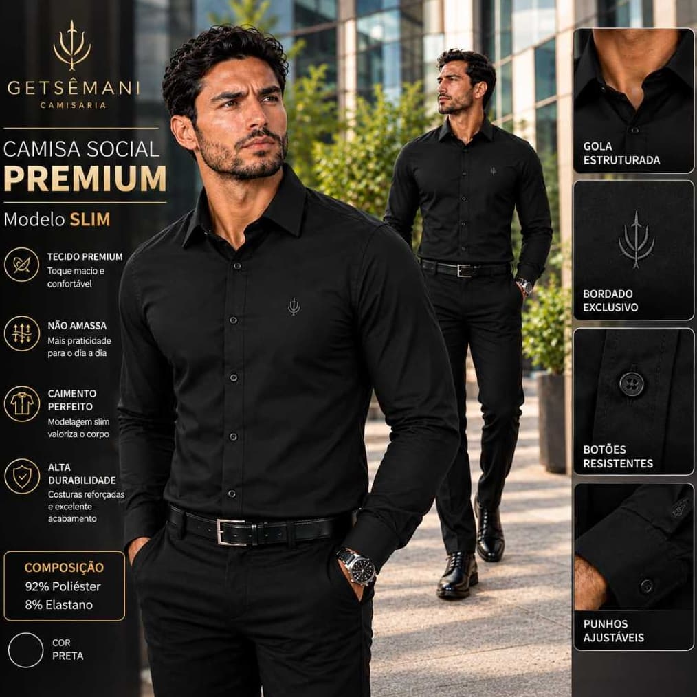Camisa Social Alfaiataria Slim Manga Longa Masculina Preta Premium Elegante