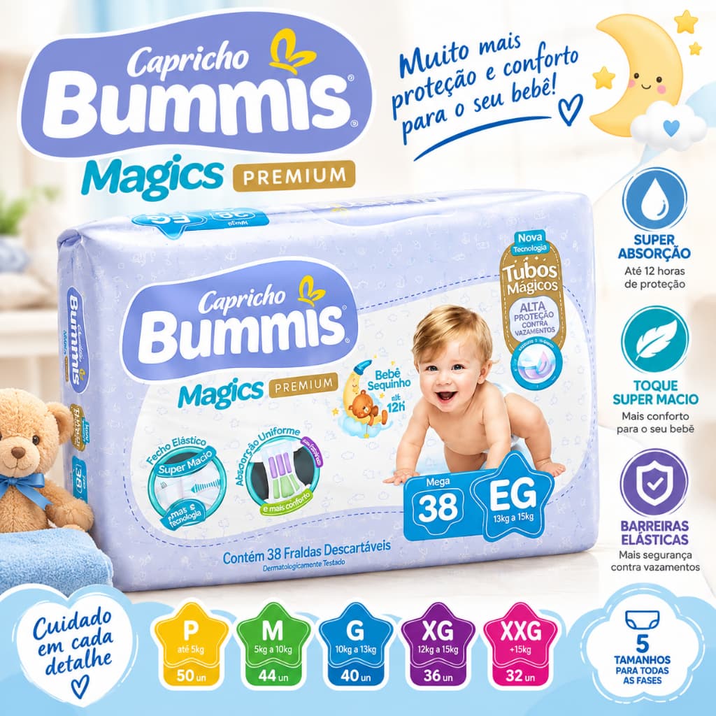 Fralda Descartável Capricho Bummis Mega Pacote – Tamanho XG (38 Unidades)