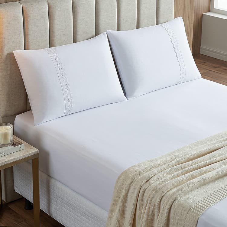 Jogo de Lençol Casal Liso 100% Algodão Malha com Elástico 3 Peças Cama de Casal 2 Fronhas com Zíper Conforto e Maciez