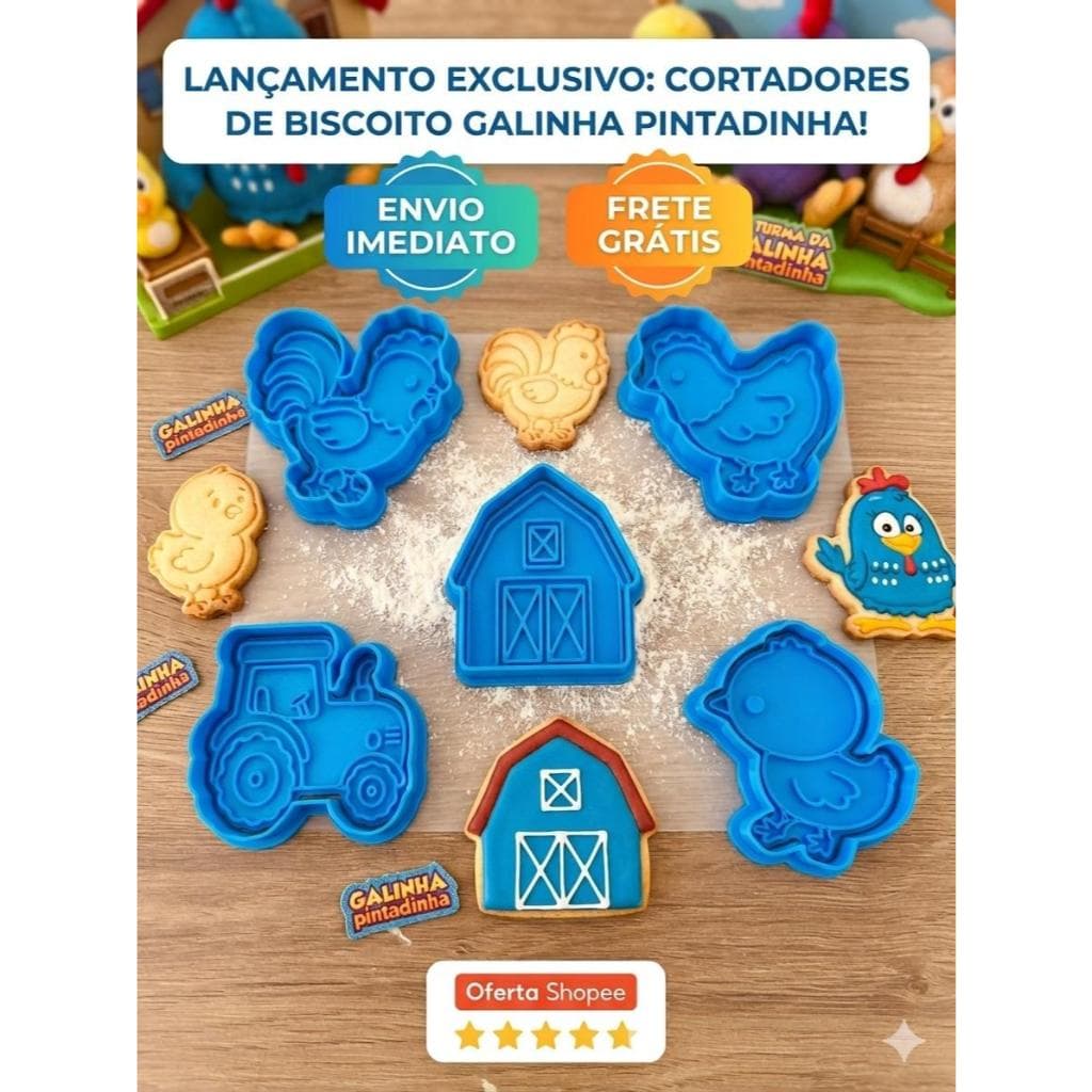 Cortadores de Biscoito e massinha de modelar  Tema Fazendinha Confeitaria Kit 5 Unidades