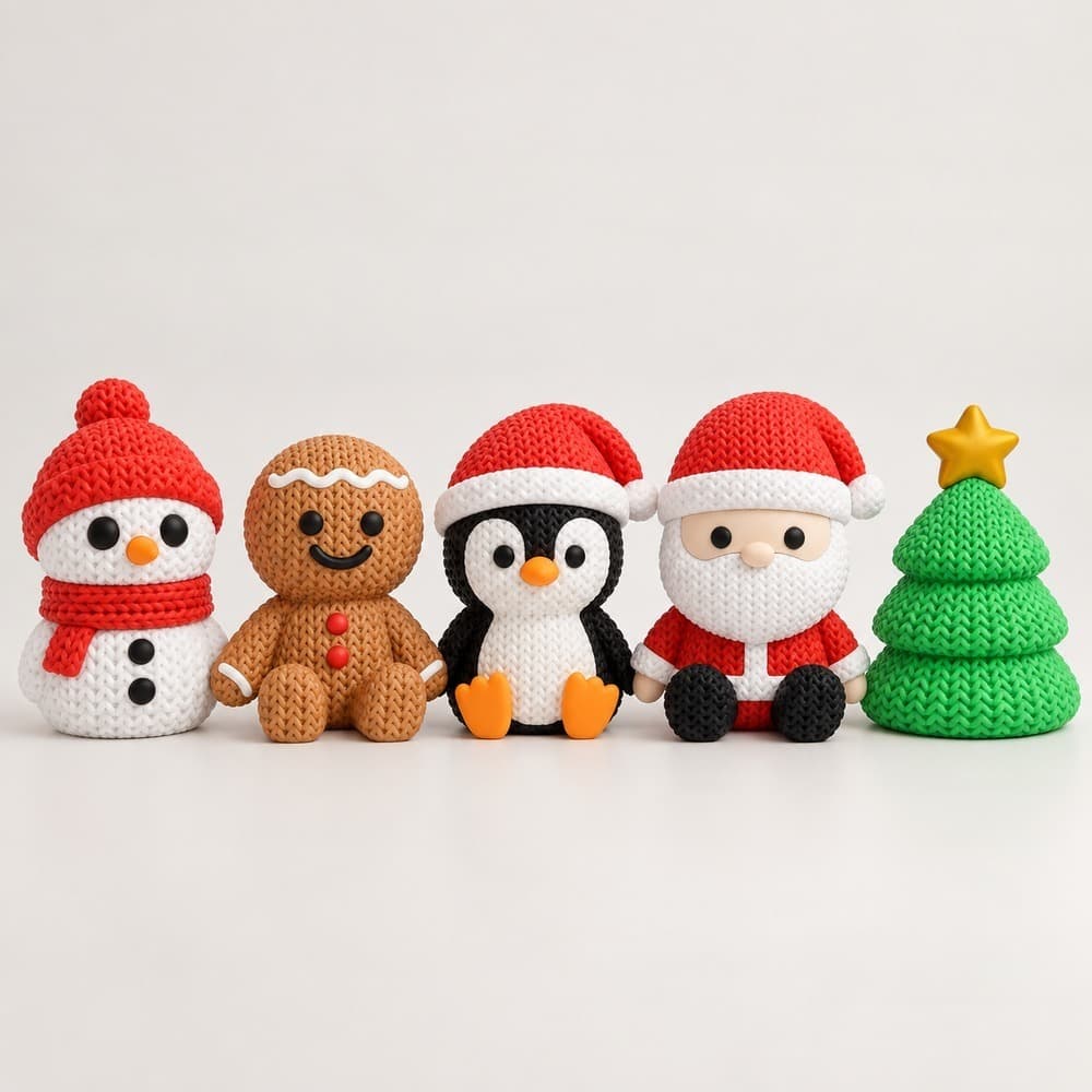 Enfeite de Natal Textura Crochê 3D Papai Noel Pinguim Boneco de Neve Árvore Kit Decoração Natalina Amigurumi