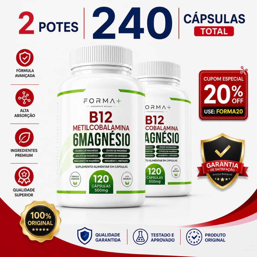 Kit 2 Potes Vitamina B12 com Magnésio 6 em 1 240 Cápsulas Suplemento Alimentar