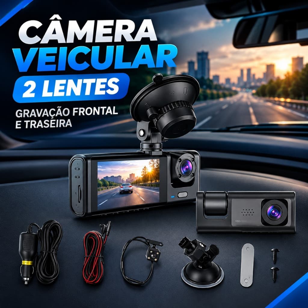 Câmera Veicular Dashcam 2 Lentes 1080P Full HD Visão Noturna Para Carro Uber 99 Gravação Frontal e Traseira