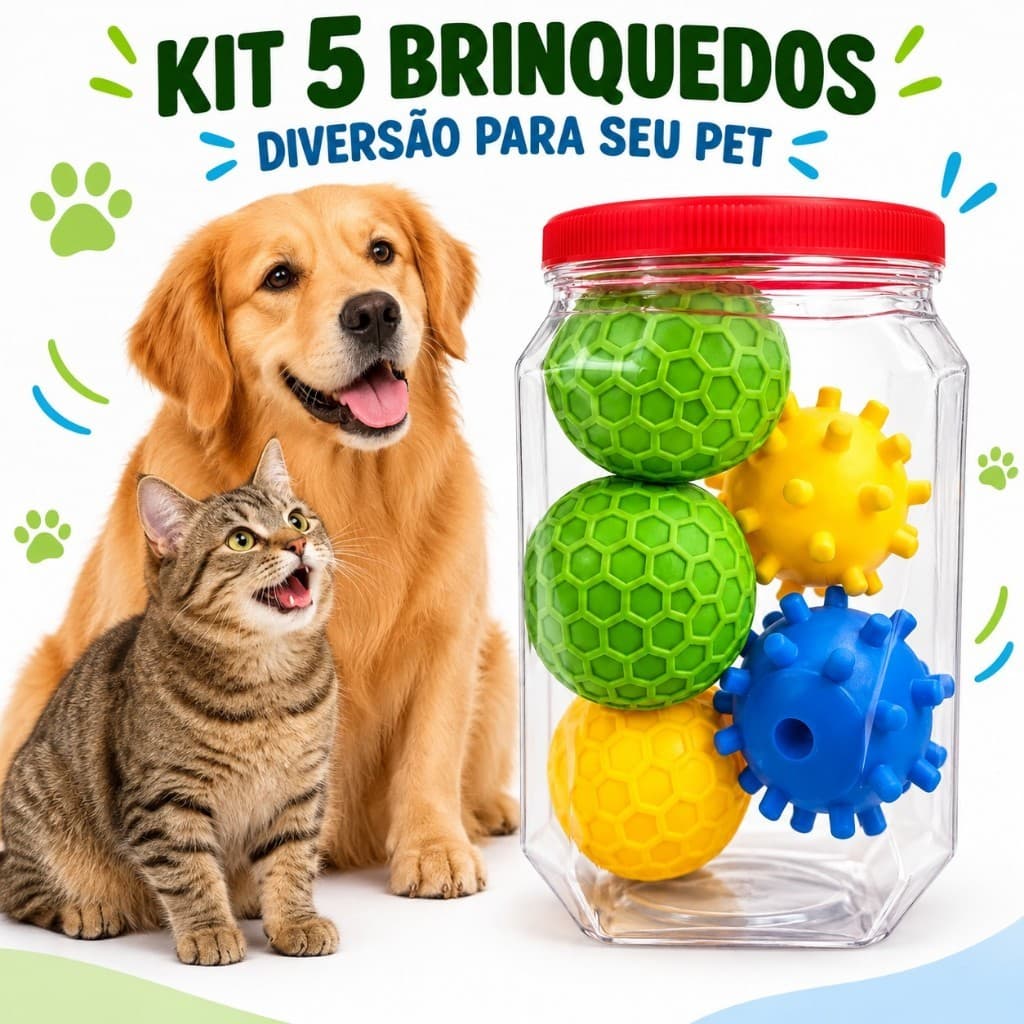 Porta Ração Pote Com Tampa Pet Gato Cachorro Kit 5 brinquedos bolinhas mordedor pet porta ração com brinquedos incluso