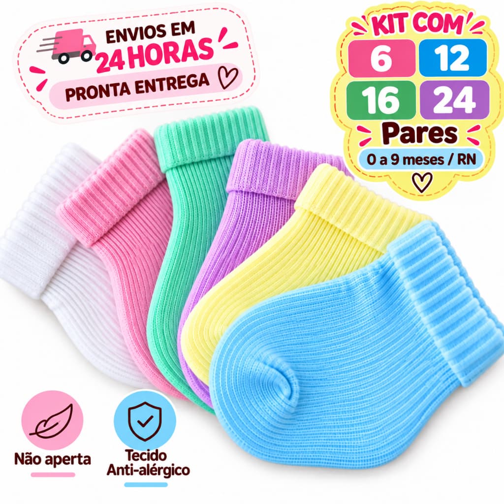 Kit Meias Bebê Recém Nascido RN 0 a 9 Meses Menina Menino Não Aperta Macia Enxoval Maternidade 6 12 16 24 Pares