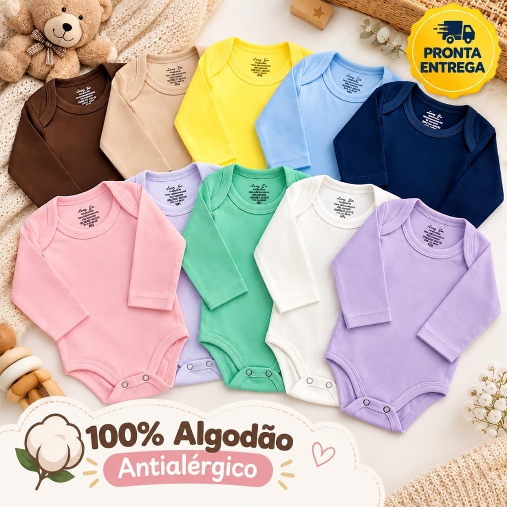 Kit 6 Body Bebê Manga Longa Suedine 100% Algodão Antialérgico Enxoval Recém Nascido Menino Menina